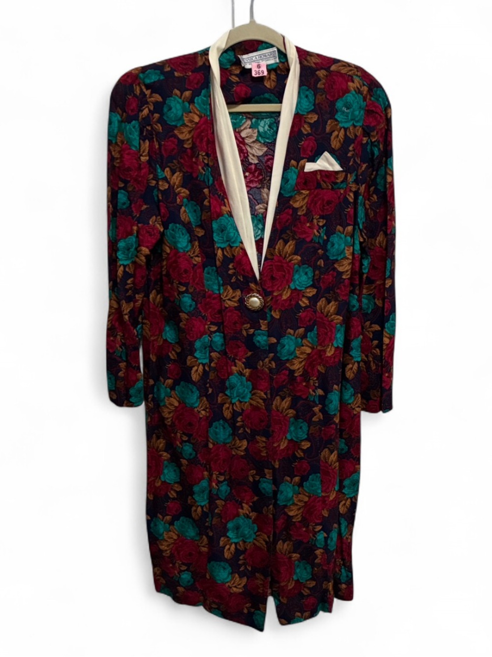 Vintage Jessica Howard Blue Red Floral Long Sleeve Maxi Dress with Cream Trim